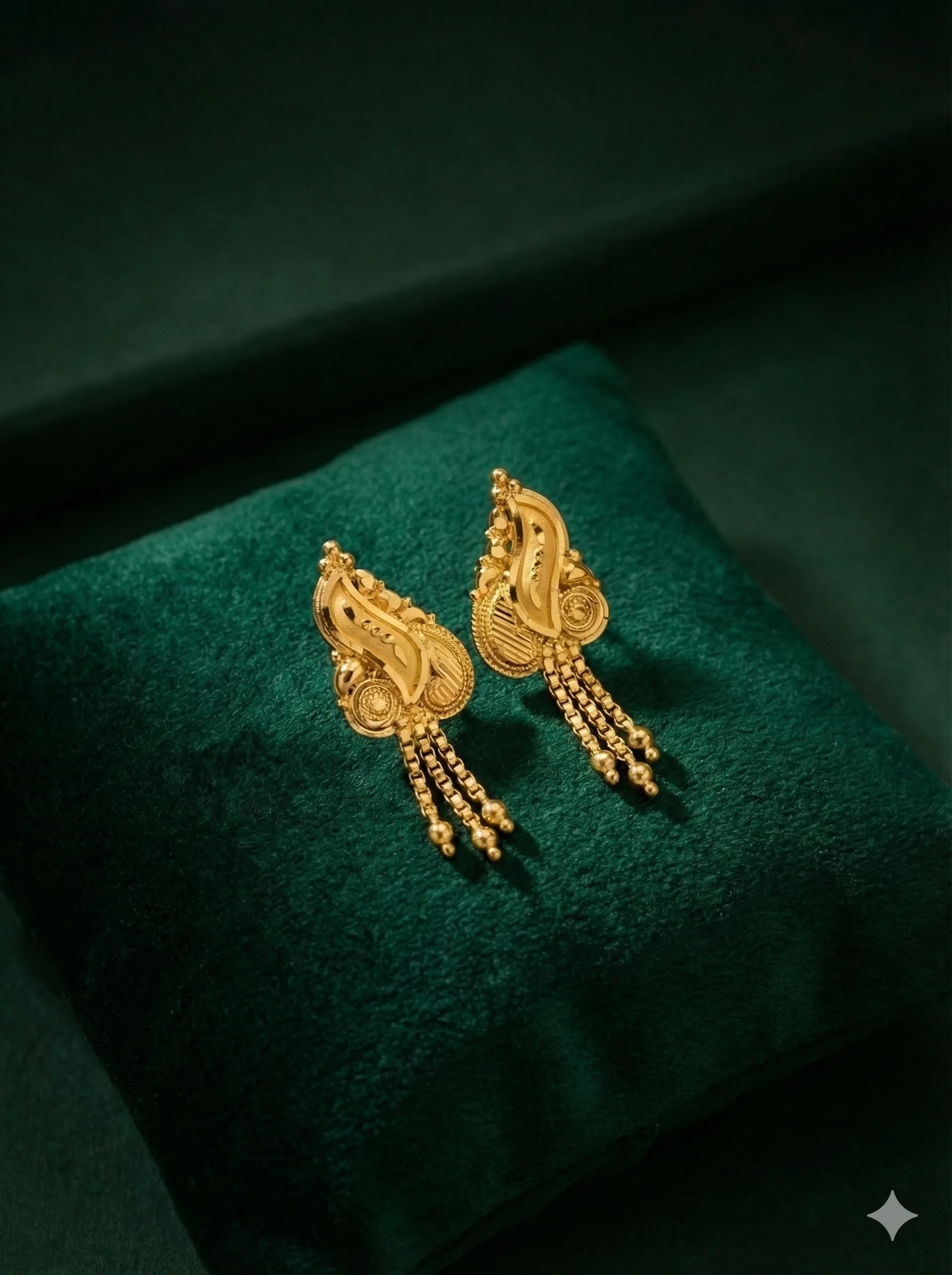 Traditional Paisley Gold Drop Earrings with Tassel Chains