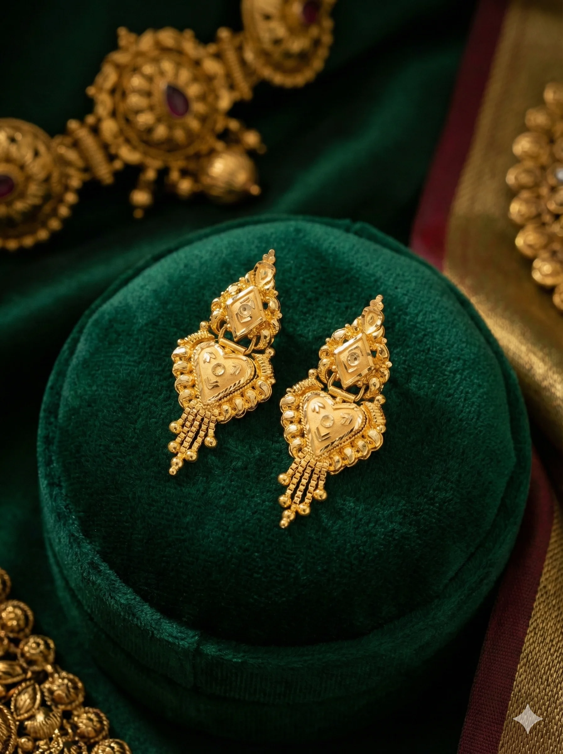 Traditional Heart & Rhombus Gold Drop Earrings with Jhalar